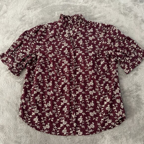 Ann Taylor Burgundy Embroidered Short Sleeve Blouse Women's Medium Petite MP Top - Picture 1 of 8
